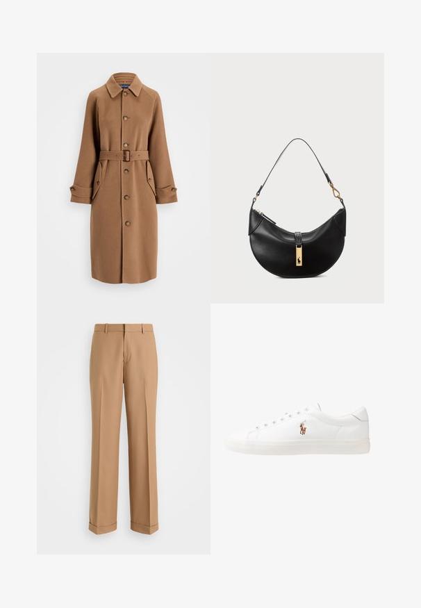 Rjav plašč iz volnene mešanice s ovratnikom, sprednjim gumbom, dvema velikima stranskima žepoma in usklajenim pasom. Ima dolge rokave z gumbastimi manšetam.; Svetlo modra srajca z dolgimi rokavi in belim kontrastnim ovratnikom. Ima gladko teksturo in pet sprednjih gumbov.; Bež hlače po meri s ravnim krojem, izdelane iz mehkega blaga, z sprednjim pregibom in zvitimi robovi.; Bela usnjena teniski čevlji, nizki model, z gladko teksturo, okrogle konice, vezavi spredaj ter majhnim vezenim logotipom na strani.; Črna usnjena torbica v obliki polmeseca. Ima zlato kovinsko dekoracijo in ozek trak. Gladka tekstura, z zadrgo na vrhu.