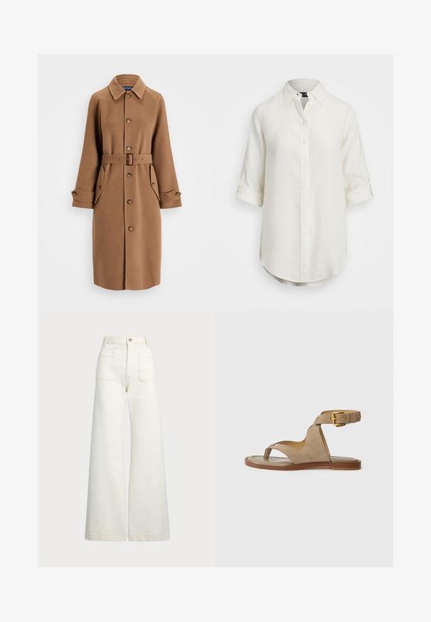 Brun uld-blandet frakke med krave, knaplukning foran, to store sidelommer og et matchende bælte. Har lange ærmer med knapmanchetter.; Hvid linnedskjorte med knaplukning, korte opsmøgede ærmer, krave og afrundet kant. Har lyse knapper.; Pæne brede jeans i off-white denim. Høj talje med knaplukning, to forlommer og detaljer med kontrastsyning.; Beige ruskindsandaler med en tåsløjfe, åbne sider og en bred ankelrem med en guldspænde. Flad brun sål med en let kant.
