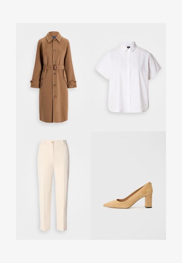 Cappotto marrone in misto lana con colletto, chiusura a bottoni, due grandi tasche laterali e una cintura coordinata. Presenta maniche lunghe con polsini abbottonati.; Camicia bianca a maniche corte con colletto a punta e orlo curvo. Realizzata in cotone con una texture liscia e senza motivi visibili.; Pantaloni color crema a vita alta realizzati in un tessuto testurizzato. Presentano una chiusura frontale con bottone e gambe affusolate.; Pump beige in suede con tacco alto, punta affilata e tacco a blocco massiccio. Il materiale ha una consistenza morbida con una finitura liscia.