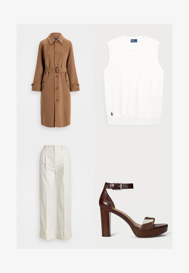 Brown wool-blend coat with a collar, button front, two large side pockets, and a matching belt. Features long sleeves with buttoned cuffs.; White sleeveless sweater made of smooth cotton, featuring a ribbed hem and a small navy logo on the bottom left. Simple design, no patterns.; White tailored pants featuring a high waist, double front pleats, and wide legs with folded cuffs. Made from a smooth, textured fabric.; Brown crocodile-embossed leather heeled sandal with fabric strap. Features a wide block heel and ankle strap with silver buckle. Textured platform.