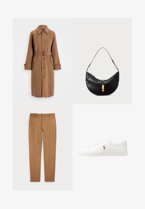 Pruun villasegude mantlil on kaelus, nööbid ees, kaks suurt küljetaskut ja sobiv vöö. Omab pikaid varrukaid, millel on nööbiga mansetid.; Mustang musta puuvillane T-särk, ümar kaelus, lühikesed varrukad ja valge embroideritud logo vasakul rinnal. Sile tekstuur, juhuslik disain.; Pruunist puuvillast valmistatud püksid, millel on slim-fit disain, lapik eesmine osa ja tavalised taskud; sile tekstuur ja ääristatud sääreotsad.; Valged nahast tossud, madala ülaservaga disain, millel on sile tekstuur, ümar varvas, nööridega esiosa ja väike tikand logoga küljel.; Must musträik maximum ümmargune nahk kott. Omab kuldse metallist aksessuaari ja kitsast rihma. Sile tekstuur, lukuga sulgemine üleval.