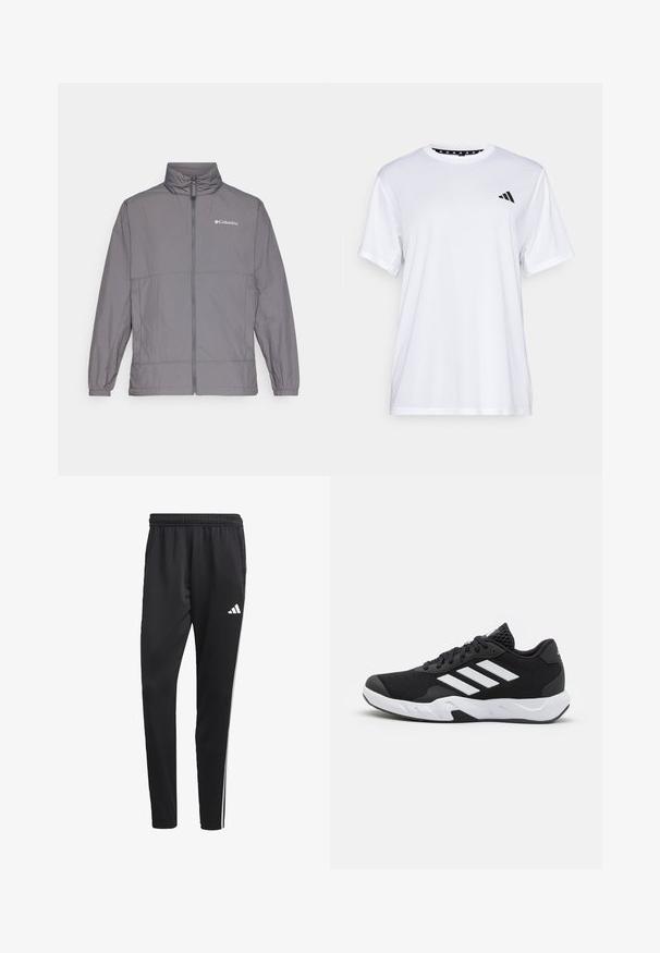 Casaco leve cinza, feito de nylon, com gola alta, fecho frontal completo, punhos elásticos e uma marcação subtil no lado superior esquerdo do peito.; Camiseta atlética branca de mangas curtas, feita de tecido que absorve a humidade. Apresenta um logótipo preto no lado esquerdo do peito e um decote interior com padrão.; Calças de treino pretas com um cós elástico, riscas laterais brancas e um pequeno logotipo branco na coxa. Feitas de um material leve e suave.; Tenis negros desportivos com um superior em malha texturizada, riscas brancas de destaque, sola acolchoada e um calcanhar reforçado para suporte.