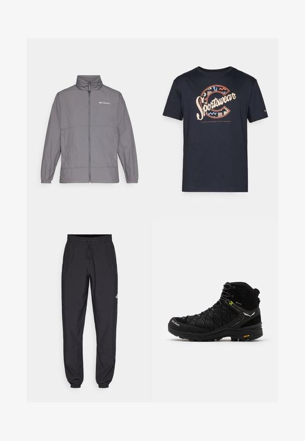 Veste légère grise en nylon avec un col montant, fermeture éclair sur toute la longueur, poignets élastiques et un logo discret sur le haut à gauche de la poitrine.; T-shirt en coton bleu marine avec un grand motif coloré "Sportswear" comportant des motifs géométriques et la lettre "C" sur le devant.; Pantalon de sport noir en tissu léger, avec une taille à cordon, des poches latérales et des chevilles resserrées.; Botte de randonnée noire avec une tige texturée, un embout renforcé et une semelle Vibram. Le système de laçage comprend des crochets pour un ajustement sécurisé.