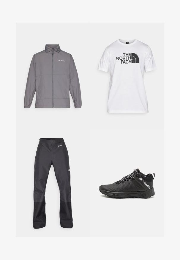 Gray lightweight jacket made of nylon with a high collar, full front zipper, elastic cuffs, and subtle branding on the upper left chest.; White cotton t-shirt featuring a black graphic print with text and a curved logo design. Round neckline and short sleeves. Plain texture.; Black waterproof pants with a smooth texture, featuring a GORE-TEX logo on the front, and reinforced lower legs for durability.; Black athletic shoes with textured upper, contrasting white laces, and Columbia logo on the side. Features a rugged sole for traction.