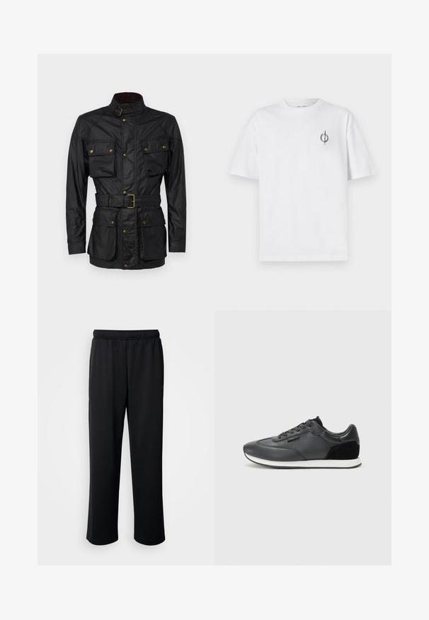 Juodas vaškuotas medvilnės švarkas su aukštu apykakle, keturiomis priekinėmis kišenėmis, dirželiu talijoje ir auksinėmis detalėmis. Lygus paviršius ir struktūruotas dizainas.; Balta medvilninė marškinė su laisvu siluetu, su mažą juodą grafiką logotipą kairėje krūtinės pusėje. Trumpomis rankovėmis, apvaliu kaklu.; Juodos sportinės kelnės, pagamintos iš minkštos, orui pralaidžios medžiagos. Turi elastingą juosmenį ir tiesias kojoms be ryškių akcentų ar raštų.; Juoda sportinė avalynė su oda viršutine dalimi, perforuotais akcentais, zomšiniais akcentais ir balta guma pagrindu. Klasikinis raištelių užsegimas.