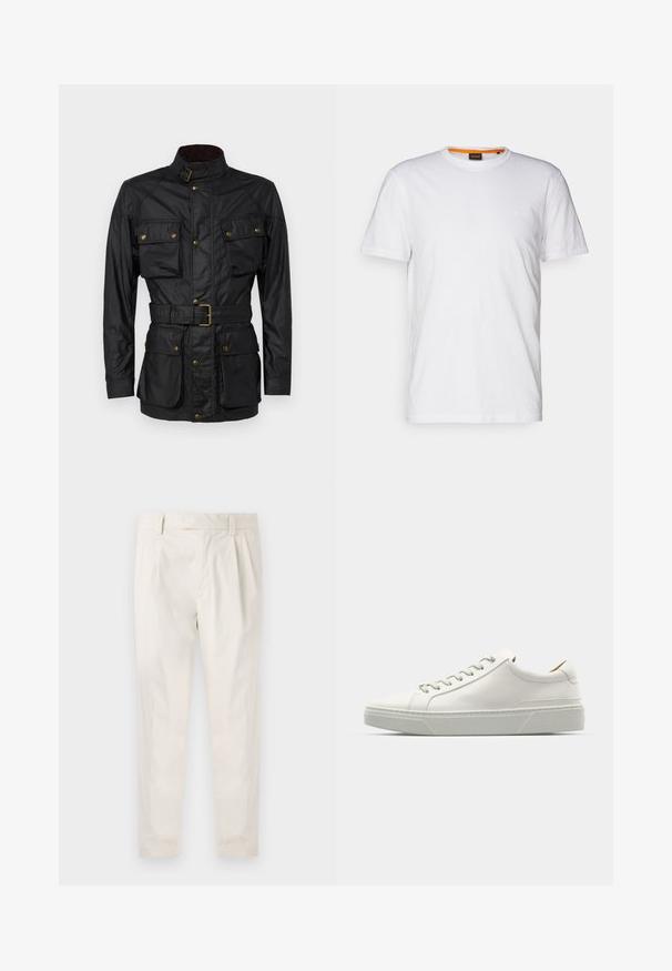 Juodas vaškuotas medvilnės švarkas su aukštu apykakle, keturiomis priekinėmis kišenėmis, dirželiu talijoje ir auksinėmis detalėmis. Lygus paviršius ir struktūruotas dizainas.; Balta medvilnė marškinėliai su apvalia iškirpte, trumpomis rankovėmis ir subtiliu iškilniu logotipu ant krūtinės. Viduje esantis etiketas turi oranžinį akcentą.; Balti, susiūtos kelnes, turinčios pritaikytą siluetą, pasižyminčias lygia tekstūra, dirželio kilpomis ir siaurėjančiomis kojomis. Nėra matomų kišenių ar raštų.; Baltos odinės sportinės bateliai su apvaliu nosiu, minimalizmo dizainu, pilkais raišteliais ir tekstūruota pilka guma. Matomi subtilūs siuvinėjimo detalės.