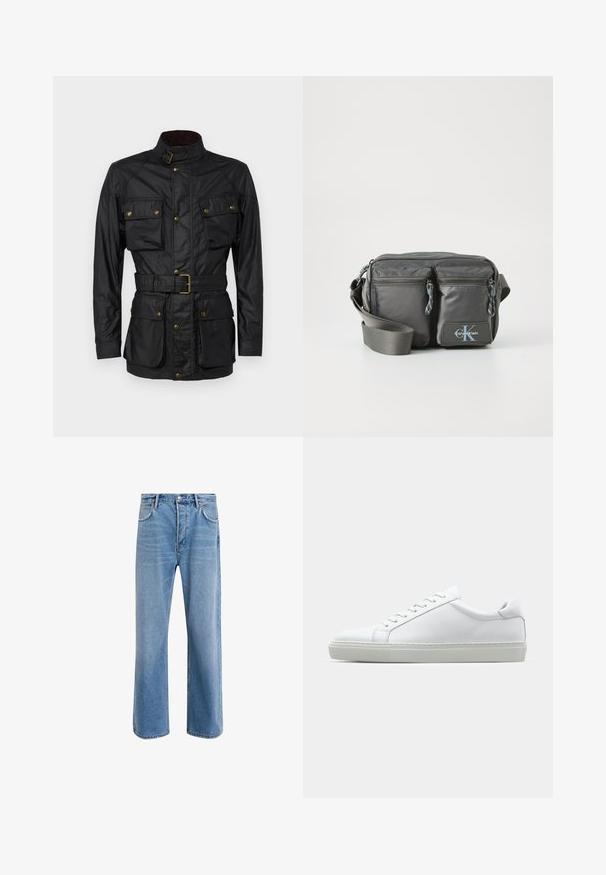 Black waxed cotton jacket with a high collar, four front pockets, a belted waist, and golden hardware accents. Smooth texture and structured design.; Long-sleeve, mock-neck shirt in light cream cotton. Smooth texture, relaxed fit, minimalist design, no visible patterns or accents.; Light blue denim jeans with a straight-leg design, five pockets, button closure, minimal fading, and contrasting stitching details.; White sneaker with a smooth leather upper and a low profile. Features a rounded toe, six eyelets, and a textured rubber sole.; Gray nylon crossbody bag with two zippered front pockets, adjustable strap, and logo accent. Smooth texture with a modern design.