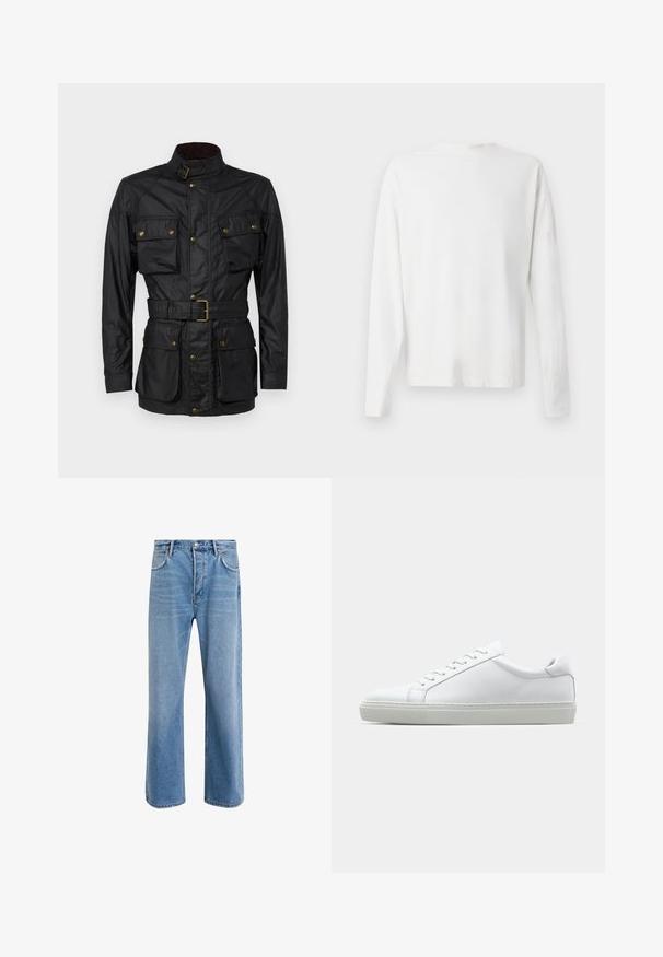 Črna voščena bombažna jakna z visokim ovratnikom, štirimi sprednjimi žepi, pasom in zlatimi kovinskimi detajli. Gladka tekstura in strukturiran dizajn.; Bela bombažna srajca z dolgimi rokavi in okroglo ovratnikom, z bočnimi razporki na dnu in gladko teksturo, prikazana s hrbtne strani.; Svetlo modre denim kavbojke s ravno nogavico, petimi žepi, z gumbom za zapiranje, minimalnim zbledelostjo in kontrastnimi šivi.; Bela športna obutev z gladkim usnjenim zgornjim delom in nizkim profilom. Ima zaokrožen nos, šest lukenj za vezalke in teksturiran gumijast podplat.