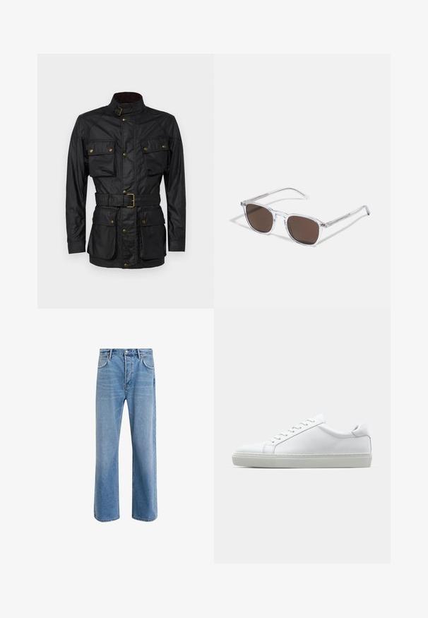 Black waxed cotton jacket with a high collar, four front pockets, a belted waist, and golden hardware accents. Smooth texture and structured design.; Long-sleeved white cotton shirt with a round neckline, side slits at the bottom, and a smooth texture, displayed from the back.; Light blue denim jeans with a straight-leg design, five pockets, button closure, minimal fading, and contrasting stitching details.; White sneaker with a smooth leather upper and a low profile. Features a rounded toe, six eyelets, and a textured rubber sole.; Clear plastic sunglasses with rectangular brown lenses, featuring thin, transparent arms and metal accents on the temples.