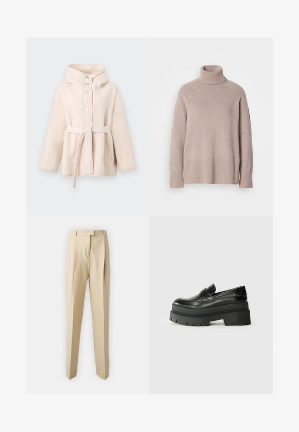 Bež, puhast svilen plašč z kapuco, sprednjimi gumbi na snap, pasom pri pasu in stranskimi žepi. Gladko notranje podlogo.; Svetra z lahkega bež volnenega pletenja s turtleneck ovratnikom, dolgimi rokavi ter rebrastimi manšetami in spodnjim robom na enobarvnem belem ozadju.; Bež hlače s krojem ravne nogavice, ki imajo zadrgo, pas ter gladko teksturo. Brez vidnih žepov ali okrasnih elementov.; Črne usnjene loafer čevlje s debelim platformastim podplatom. Okrogla oblika, detajl na sprednji šivi in subtilni šivi. Raven, teksturiran podplat.