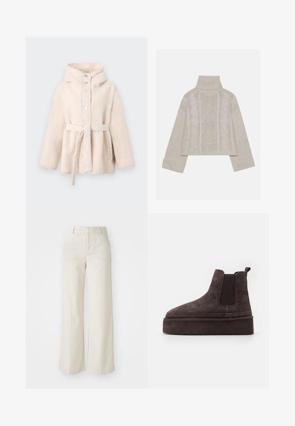 Beige, bolyhos fleece dzseki kapucnival, elől patent gombokkal, derékban övvel és oldalsó zsebekkel. Sima bélés.; Rövidített, világosszürke kötött pulóver magas gallérral és bordázott mandzsettákkal, hátul és az oldalakon texturált sodrott mintákkal.; Világos bézs színű, széles lábú nadrág, sima anyagból készült. Klasszikus derékrésszel és lapos elülső résszel, letisztult vonalakkal rendelkezik.; Barna nubuk Chelsea csizma elasztikus oldalsó panelekkel és vastag, textúrázott talppal. A saroknál található húzófül megkönnyíti a felhúzást.