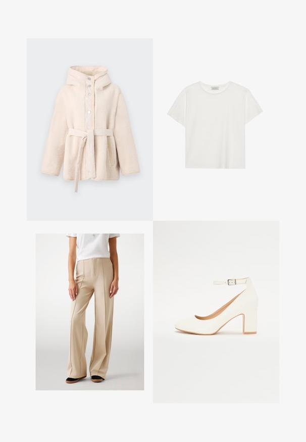 Šviesiai ruda, pūkuota vilnonė striukė su kapišonu, priekinių snapelių sagomis, diržu juosmenyje ir šoninėmis kišenėmis. Glotnus vidinis pamušalas.; Balta trumpa rankovė T-marškiniai, pagaminti iš minkštos medvilnės. Charakterizuojami apvali kaklo iškirpte ir laisvu siluetu. Švarus dizainas be matomų raštų ar akcentų.; Kreminės plačių kojų kelnės, pagamintos iš lygios medžiagos, su priekyje esančiomis raukšlėmis ir aukštu liemeniu. Derinamos su juodais ir ruda plokščiadugniu bateliais.; Baltas aukštas kulnas su smailiu pirštu, blokiniu kulnu ir kulkšnies dirželiu. Lygus paviršius su subtiliu blizgesiu ir smėlio spalvos vidine pamušalu.