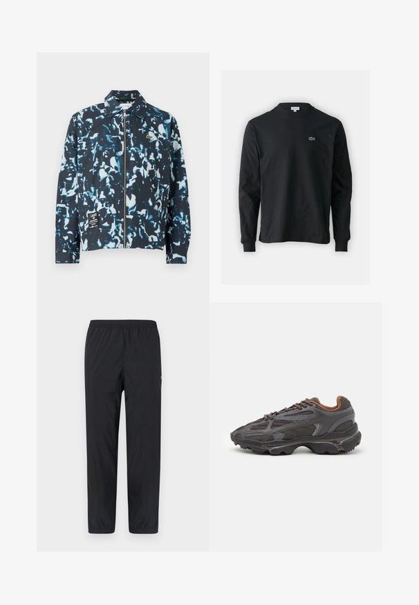Blue and black camouflage jacket, lightweight fabric, zip-up front, point collar, and a logo patch on the lower front. Elastic cuffs and hem.; Black long-sleeve t-shirt made of cotton, featuring a round neckline and a small green embroidered crocodile logo on the left chest.; Black, lightweight, elastic waist pants with tapered legs and minimal texture. Features side seams and a small logo on the left leg.; Lacoste sneakers in dark gray with mesh and synthetic material, featuring a textured sole and brown accents on the collar and branding.