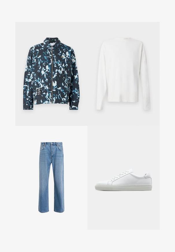 Modra in črna maskirna jakna, lahka tkanina, zadrga spredaj, točka ovratnik in logotipni označevalec na spodnjem sprednjem delu. Elastični manšeti in rob.; Bela bombažna srajca z dolgimi rokavi in okroglo ovratnikom, z bočnimi razporki na dnu in gladko teksturo, prikazana s hrbtne strani.; Svetlo modre denim kavbojke s ravno nogavico, petimi žepi, z gumbom za zapiranje, minimalnim zbledelostjo in kontrastnimi šivi.; Bela športna obutev z gladkim usnjenim zgornjim delom in nizkim profilom. Ima zaokrožen nos, šest lukenj za vezalke in teksturiran gumijast podplat.