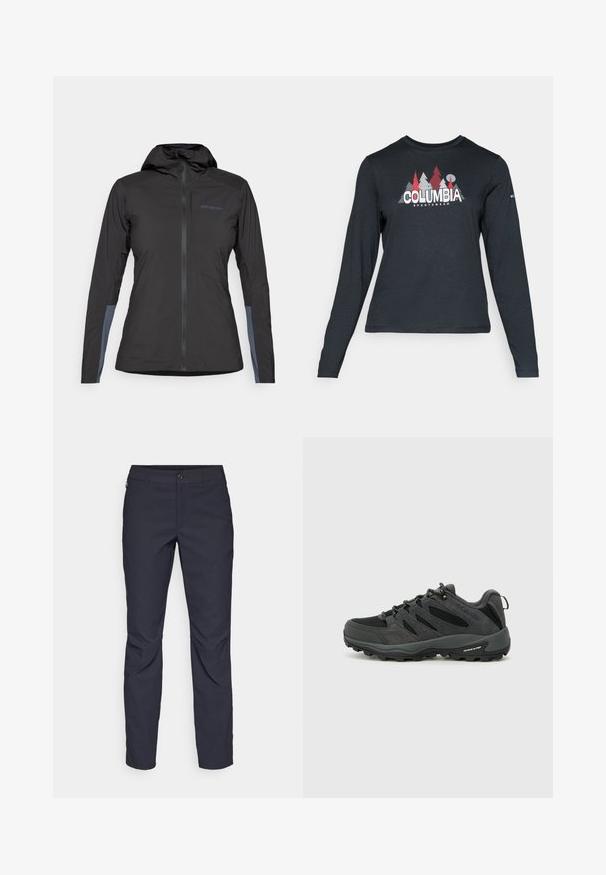 Black Patagonia hooded jacket with front zipper and grey patches on the inner forearms, displayed on a white background.; Long-sleeve dark gray shirt with a graphic of red trees and mountains; "COLUMBIA" logo in bold white text. Soft fabric, standard crew neck.; Navy blue pants made of smooth fabric, featuring a front button closure, slim-fit design, and creased detailing at the knees.; Columbia REDMOND - Hiking shoes - black/citron haze