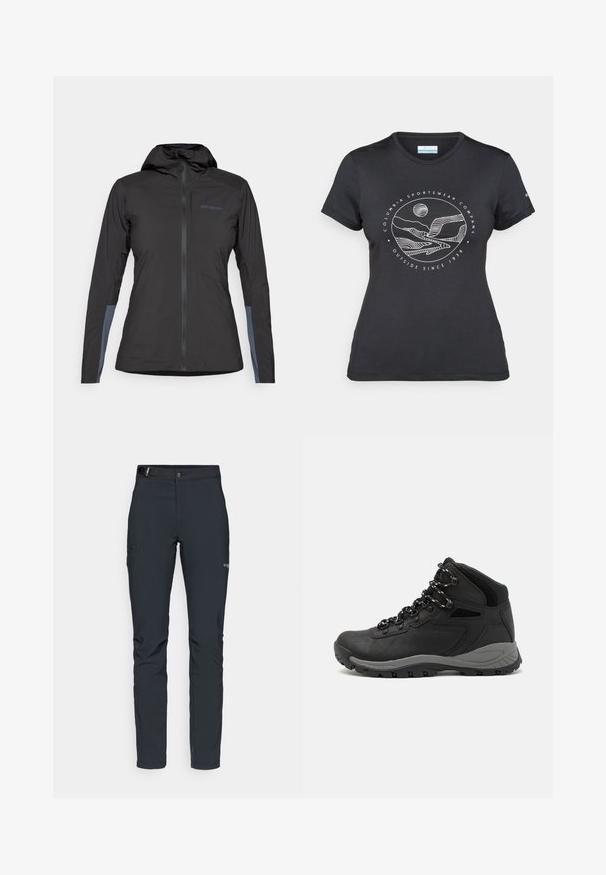 Black Patagonia hooded jacket with front zipper and grey patches on the inner forearms, displayed on a white background.; Black Columbia t-shirt with white circular mountain and river line art and text "Columbia Sportswear Company Outside Since 1938."; Men's outdoor pants, dark gray, made from flexible material, featuring a belt, zippered pockets, and reinforced stitching.; Black hiking boot with a mid-top design, featuring a textured upper, gray accents, and durable rubber sole with traction lugs.