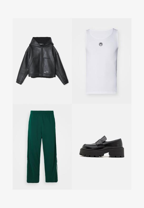 Giacca cropped nera in ecopelle con cappuccio, caratterizzata da due tasche frontali, zip a vista e una superficie testurizzata. Foderata per un calore aggiuntivo.; Canotta bianca senza maniche realizzata in tessuto a coste, con scollatura rotonda e un piccolo logo nero sul petto.; Pantaloni verdi, leggeri, con vita elastica e vestibilità rilassata. Presentano tasche laterali e dettagli con strisce bianche lungo i lati.; Mocassini in pelle nera con suola in gomma spessa, dotati di una piattaforma sollevata e di una fascia sul dorso del piede. Texture liscia e forma arrotondata.