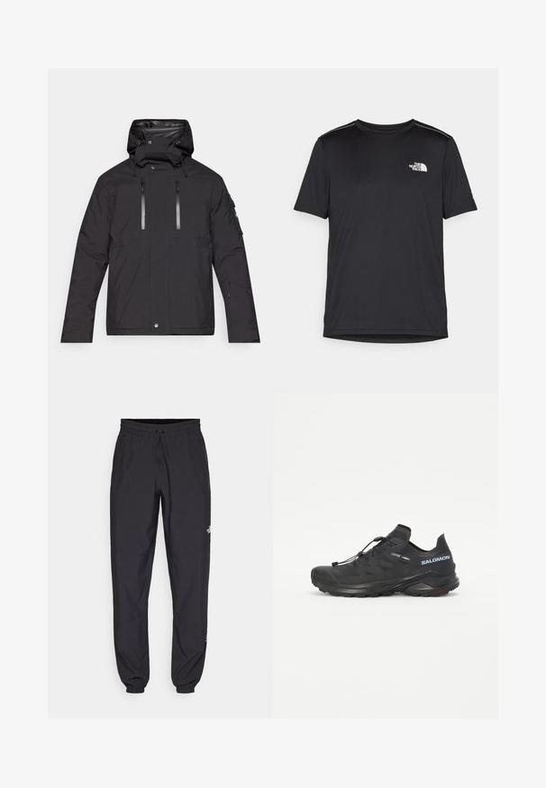 Schwarze wasserdichte Jacke mit Kapuze, ausgestattet mit zwei Vorderseiten-Taschen, Reißverschlussöffnungen und verstellbaren Zugbändern. Glatte Textur und entspannter Schnitt.; Schwarzes T-Shirt mit kurzen Ärmeln aus leichtem Stoff. Mit einem kleinen weißen Logo auf der linken Brust und dezenten Akzenten an den Schultern.; Schwarze Sporthosen aus leichtem Stoff, mit einem Kordelzugbund, seitlichen Taschen und schmal zulaufenden Bündchen an den Knöcheln.; Schwarzer Trailschuh zum Laufen mit einer strukturierten Oberseite, elastischen Schnürsenkeln und Contagrip-Außensohle. Bietet eine eng anliegende Passform und eine schützende Zehenkappe.