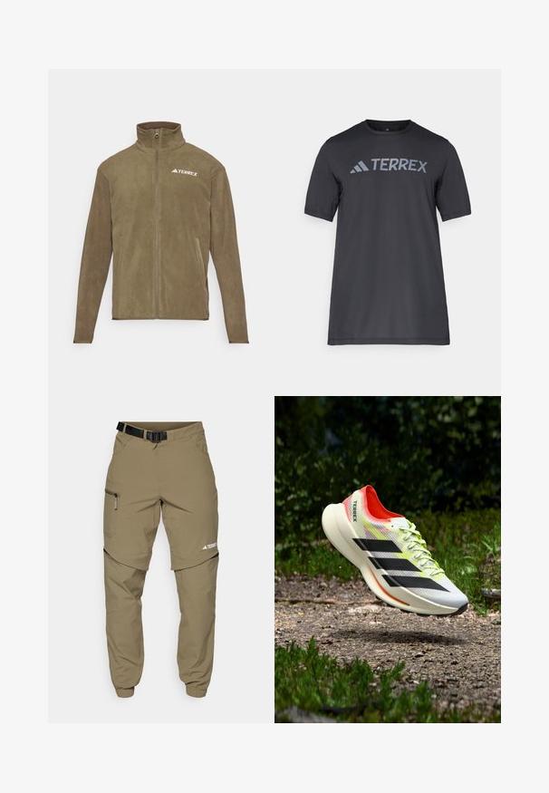 Olivově zelená fleecová bunda s vysokým límcem, plným zipem vpředu a dvěma bočními kapsami. Logo "TERREX" v bílé barvě na levém horním rohu.; Černé tričko s krátkým rukávem vyrobené z lehkého materiálu, s světle šedým logem "TERREX" přes hruď a kulatým výstřihem.; Béžové venkovní kalhoty s páskem, zipovými bočními kapsami a elastickými manžetami. Mají odnímatelný zip pro větší všestrannost a hladkou texturu.; Lehká běžecká bota v bílé barvě s černými pruhy, červenými akcenty a žlutými tkaničkami; má strukturovaný svršek a polstrovanou podrážku.