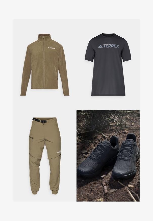 Olivgrüne Fleecejacke mit hohem Kragen, vollem Frontreißverschluss und zwei Seitentaschen. "TERREX"-Logo in Weiß auf der oberen linken Seite.; Schwarzes T-Shirt mit kurzen Ärmeln aus leichtem Stoff, mit einem hellgrauen "TERREX"-Logo auf der Brust und einem Rundhalsausschnitt.; Khaki Outdoor-Hosen mit verstellbarem schwarzen Gürtel, Reißverschlusstaschen, schmal zulaufenden Bündchen und abnehmbaren unteren Beinen für vielseitige Stylingmöglichkeiten.; Schwarze Sportschuhe mit einem strukturierten Strickobermaterial, verstärkter Zehenkappe und gepolsterten Sohlen, die auf erdigem Boden mit verstreuten Zweigen präsentiert werden.