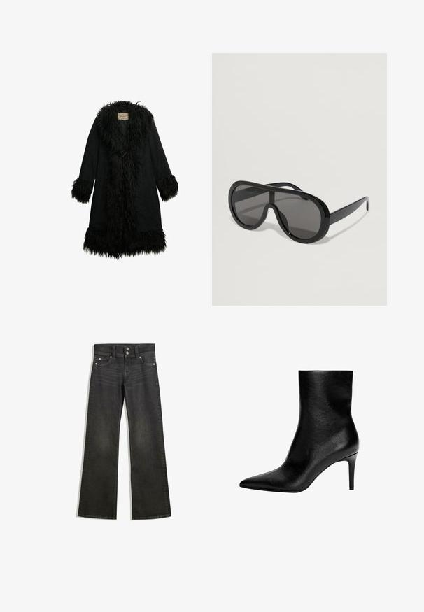 Zwarte jas met een fluffy, bontachtige kraag en manchetten. Van suede met een knielang ontwerp, fastened met een enkele togglesluiting.; Donkergrijze cropped trui met een V-hals en lange mouwen. Gemaakt van zachte, gestructureerde stof met een geribbelde onderrand. Eenvoudig ontwerp.; Zwarte denim wijde jeans met een aansluitende taille, voorzien van zichtbare stiksels, twee voorzakken en zilverkleurige hardware op de knopen.; Zwarte leren enkellaars met een gestroomlijnde vorm, een spitse neus en hoge naaldhak. Gladde textuur, minimalistisch ontwerp zonder zichtbare metalen onderdelen.; Zwarte oversized zonnebril met een gladde kunststof montuur, donkere lenzen en brede pootjes, met een wraparound ontwerp voor volledige dekking.