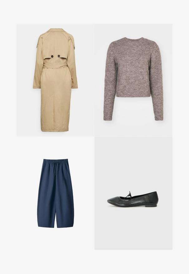 Bež mantil s remenom u struku, epauletti na ramenima, dvostrukim dugmadi na leđima i podstavljenim unutrašnjim dijelom. Punih rukava i prorezom na leđima.; Svijetlosmeđi skraćeni pulover s dugim rukavima, okruglim izrezom i teksturiranim pletenim materijalom. Nema vidljivih uzoraka ili metalnih detalja.; Mornarski plavi šortsevi od glatkog materijala, s elastičnim pojasom i vezicom te dva bočna džepa. Opušteni kroj, dužine do koljena.; Crne kožne baletanke s oštrom točkom, teksturiranim površinom i malim mašnom na prednjem dijelu. Nizak, ravni potplat.