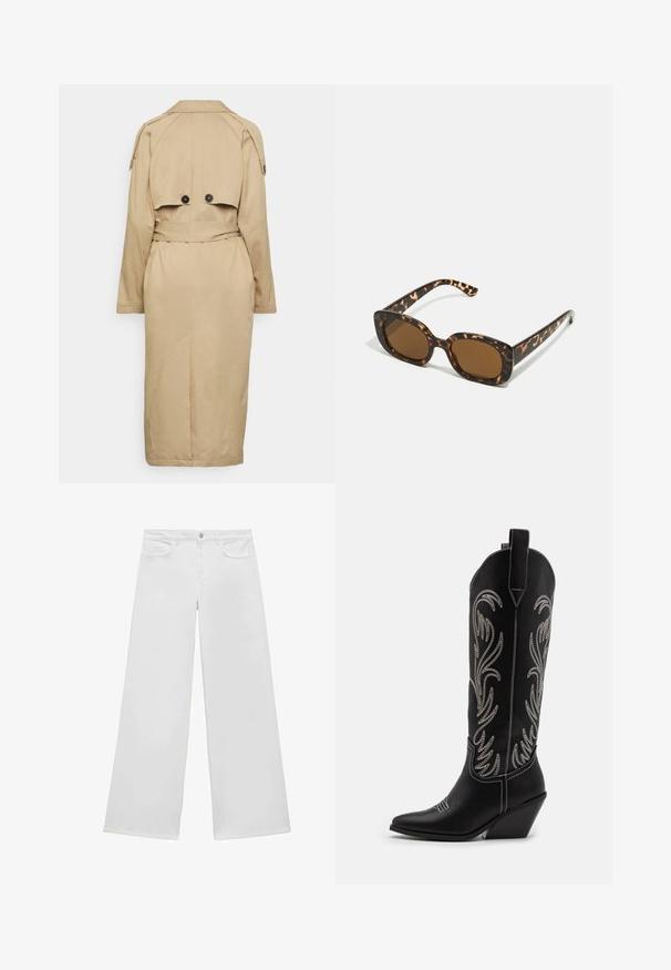 Béžový trenčkot s páskem v oblasti pasu, ramenními epauletami, dvojitými knoflíky na zadní straně a podšívkou. Rukávy jsou dlouhé a vzadu je rozparek.; Černá dlouhá rukávová zkrácená halenka vyrobená z měkké bavlny. Má kulatý výstřih a volný střih s kleslými rameny. Žádné viditelné vzory nebo akcenty.; Bílé široké džíny z denimu s rovný přední díl, dvěma předními kapsami a zapínáním na knoflík, s rovnými nohavicemi a bez viditelných vzorů.; Černé kožené kovbojské boty s špičatými špičkami, podpatky ve tvaru klínu a stříbrně vyšívanými květinovými vzory po celé délce. Kontrastní prošívání po celém obvodu.; Sluneční brýle ve skořápce želvy s kulatým, širokým rámem a hnědými čočkami. Mají jemné vzory a rovné, zúžené stranice.