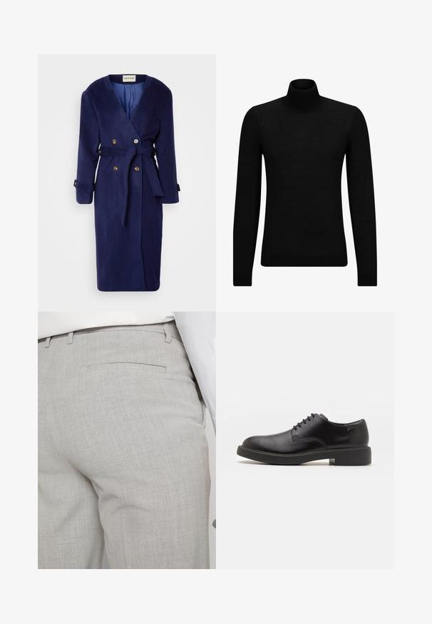 Heathe ADISA COAT - Κλασικό παλτό - navy; Μαύρο πουλόβερ σταυρωτό λαιμό, φτιαγμένο από μαλακό υλικό, με μακριά μανίκια και εφαρμοστή γραμμή. Ριγωτή λεπτομέρεια στο τελείωμα και στους καρπούς. Απλός σχεδιασμός.; Ανοιχτό γκρι, ραμμένο παντελόνι από υφή ύφασμα, με μία τσέπη στο πίσω μέρος και καθαρή ραφή.; Μαύρο δερμάτινο παπούτσι με κορδόνια, με στρογγυλή μύτη, λεία υφή, ελάχιστη ραφή και χαμηλή καουτσούκ σόλα. Λογότυπο στη σόλα.