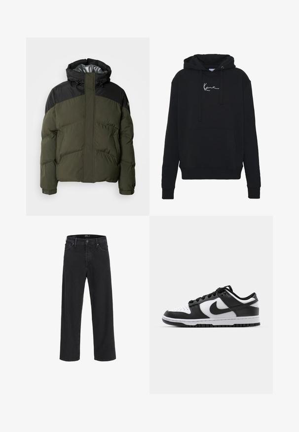 Schott ETHEN - Vinterjakke - kaki/black; Svart hettegenser laget av myk stoff, med en frontlomme, snor i hetten og hvit logo brodert på brystet. Klassisk passform og ribbestrikkede mansjetter.; Svarte straight-leg denim jeans med knapp- og glidelåslukking, beltestropper og front- og baklommer.; Svarte og hvite Nike Dunk sneakers med lær overdel, perforert tå, svarte snøringer og svart gummisåle med mønster.