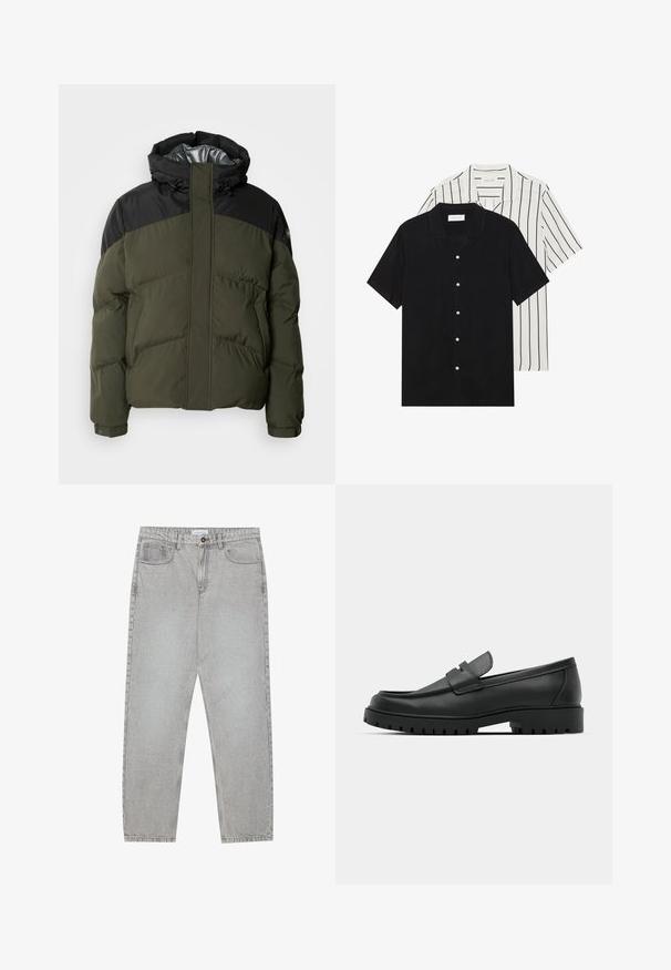 Schott ETHEN - Téli dzseki - kaki/black; Két rövid ujjú ing: az egyik egyszínű fekete, a másik fehér fekete függőleges csíkokkal. Mindkettő gombos záródással és klasszikus gallérral rendelkezik.; Világosszürke farmernadrág egyenes szabással, öt zsebes stílusban, gombos záródással. Látható varrások az illesztéseknél.; Fekete bőr loafer cipők kerek orral, varrott mintázattal, alacsony platformtalpú és texturált, barázdált gumitalppal.
