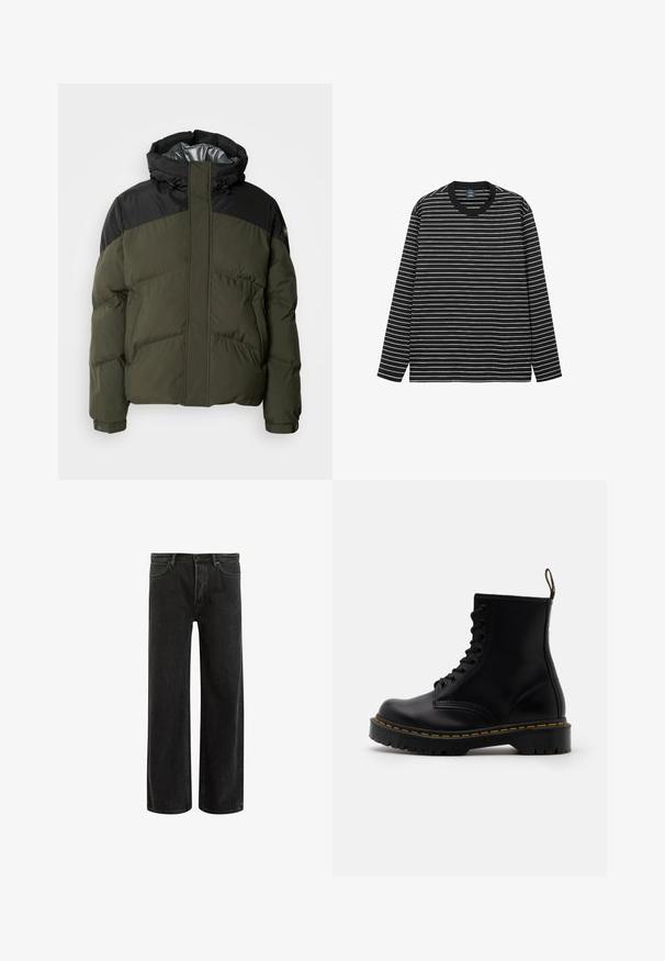 Schott ETHEN - Zimska jakna - kaki/black; Majica dugih rukava s crno-bijelim prugama napravljena od mekog pamuka. Ima okrugli izrez i kontrastni crni rebrasti ovratnik.; Crne traperice s širokim nogavicama i visokim strukom, s klasičnim dizajnom pet džepova i suptilnim izbljeđenjem za teksturirani izgled.; Crne kožne gležnjače s vezanjem na prednjoj strani, žutim šavovima, okruglim vrhom i debelim, teksturiranim gumenim potplatom.
