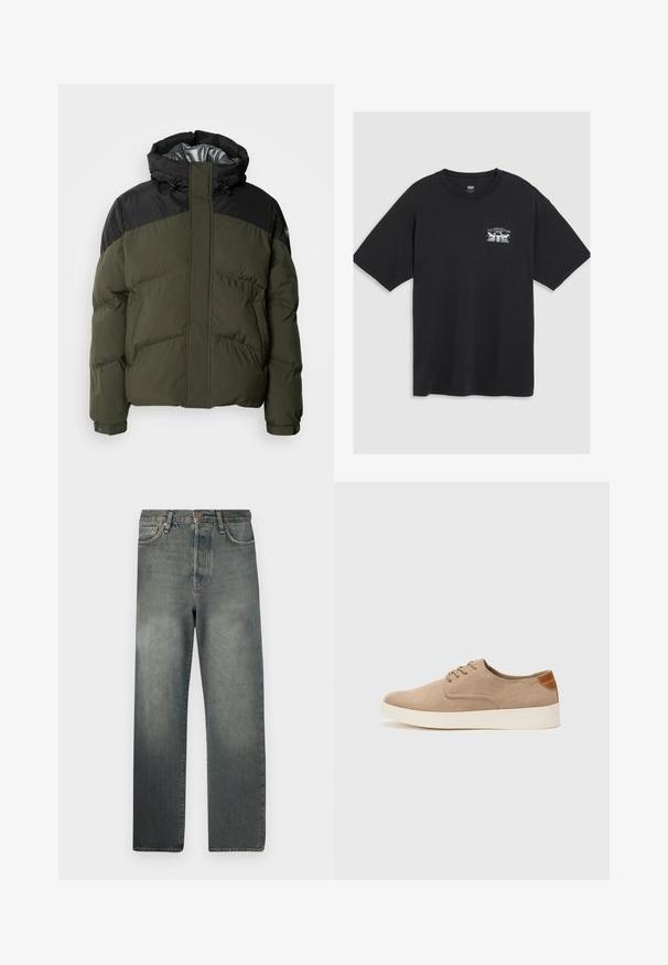 Schott ETHEN - Vinterjakke - kaki/black; Svart bomull T-skjorte med korte ermer, rund hals, og et lite hvitt grafisk trykk på brystet med et stilisert design.; Jack & Jones JJIALEX JJCOOPER - Baggy jeans - black denim; Beige semskinnsko med rund tå, snøring foran og en teksturert bakre aksent. Hvit gummisåle gir kontrast. Enkelt og moderne design.
