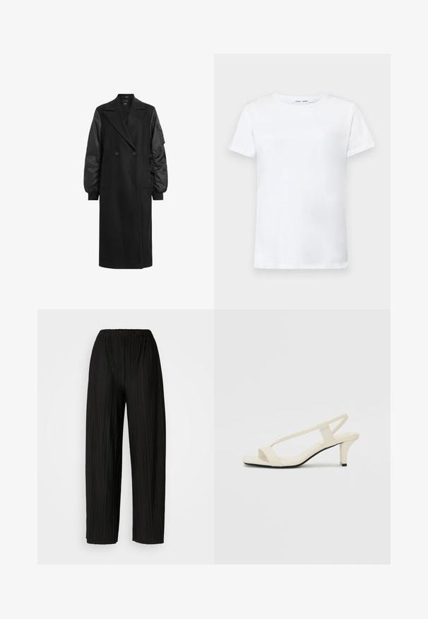 Palton negru cu două rânduri de nasturi, cu mâneci lungi și pufoase dintr-un material lucios. Dispune de două buzunare frontale și un detaliu ajustat la talie.; Tricou alb cu mâneci scurte, fabricat din bumbac, cu design de guler rotund. Textură netedă și croială dreaptă, fără modele sau accente.; Pantaloni negri cu pliuri largi și talie elastică. Materialul are pliuri verticale și o textură netedă.; Sandale bej cu toc bloc, cu bretele subțiri și vârf pătrat. Material neted cu detalii minime, concepute pentru a fi ușor de purtat.