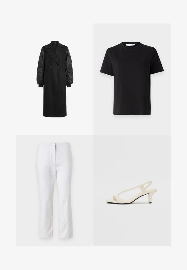 Černý dvouřadý kabát s dlouhými, nadýchanými rukávy z lesklé tkaniny. Obsahuje dvě přední kapsy a upravený pas.; Černé tričko s krátkým rukávem vyrobené z měkké bavlny, s kulatým výstřihem, volným střihem a hladkým povrchem. Žádné viditelné vzory ani grafika.; Bílé bavlněné kalhoty s rovnou nohavicou, s středně vysokým pasem a bez viditelných kovových prvků nebo vzorů. Hladká textura po celém povrchu.; Krémové sandály na bloku s tenkými popruhy a čtveratou špičkou. Hladký materiál s minimálními detaily, navržené pro snadné nošení.