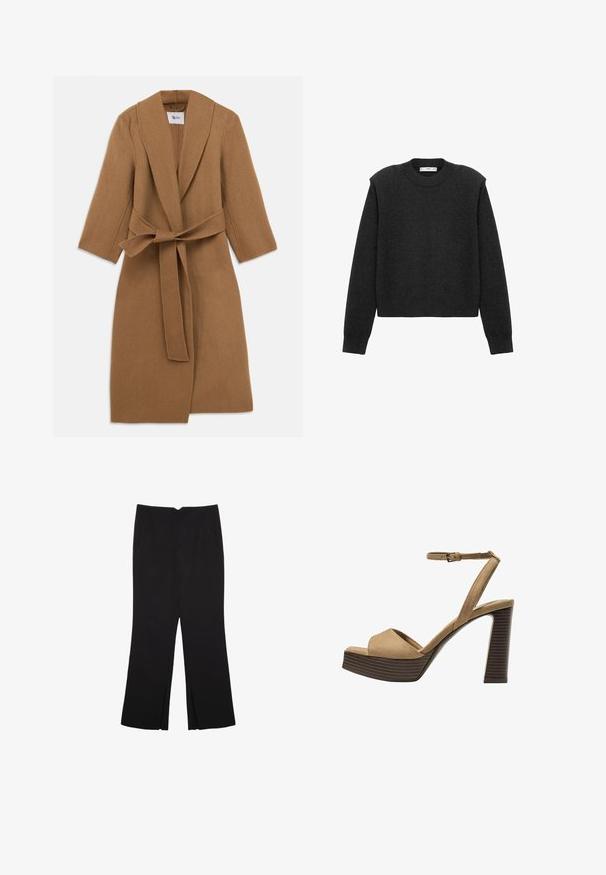 Beiger Wollmantel mit schmalem Kragen, langen Ärmeln und einem gebundenen Gürtel in der Taille. Minimalistisches Design, strukturierter Stoff und knielanger Schnitt.; Dunkelgrauer, kurz geschnittener Pullover mit langen Ärmeln, einem runden Ausschnitt und einer strukturierten Oberfläche. Schlichte Gestaltung ohne Muster oder Verzierungen.; Schwarze Hose mit geradem Schnitt, ausgestattet mit Fronttaschen und Seitenschlitzen am Saum. Hergestellt aus weichem, glattem Stoff. Geeignet für verschiedene Anlässe.; Beige Wildleder-Pumps mit hohem Absatz, breitem Vorderband und Knöchelriemen, ausgestattet mit einem klobigen Holzblockabsatz mit strukturiertem Finish.