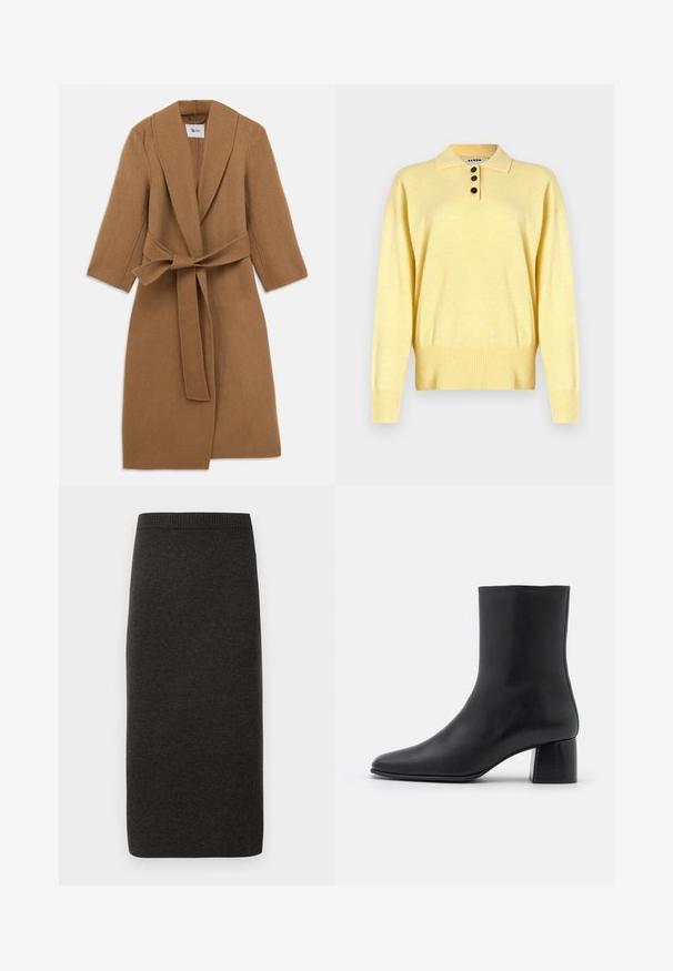 Karamelli villane jakk koos šaalikaeluse, pikkade varrukate ja talje juures seotud vöökohaga. Minimalistlik disain, tekstuuriga kangas ja põlvepikkune lõige.; Kolliga kollane kudumiga polo sviiter, millel on kolm tumedat nuppu, soonikuga äär ja pikad varrukad, valmistatud pehmest kangast.; Varrukateta turtleneck-särk, millel on vertikaalsed mustad ja valged triibud, valmistatud tekstureeritud kudumkangast ning millel on kõrge ja tihedalt istuv krae.; Tumehall pikk seelik ribbledu vöökoht. Valmistatud pehmest, venivast kangast, lihtsa ja sirge disainiga. Ilma mustrite või aktsentideta.; Must musta ankle boot terava nina ja turske ruudukujulise kontsaga. Sile tekstuur, sujuv disain ja minimaalne õmblus.