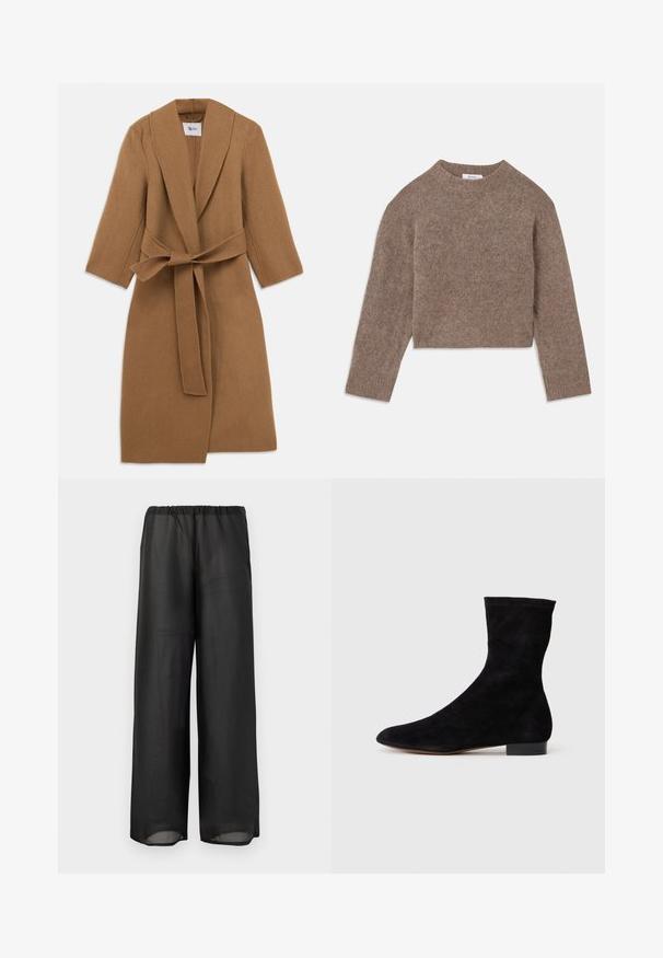 Béžový vlnový kabát so šálovým golierom, dlhými rukávmi a viazaným opaskom v páse. Minimalistický dizajn, textúrovaná tkanina a dĺžka po kolená.; Hnedý skrátený sveter vyrobený z mäkkej, štruktúrovanej vlny s okrúhlym výstrihom a dlhými rukávmi. Má rebrované manžety a lem.; Čierne nohavice s širokými nohavicami vyrobené z ľahkej, polopriehľadnej látky s elastickým pásom. Dizajn má voľný a uvoľnený strih.; Čierne semišové členkové topánky s priliehavým zvrškom, špicatou špičkou a nízkym blokovým opätkom. Hladká textúra a minimalistický dizajn, vhodné na všestranné kombinovanie.