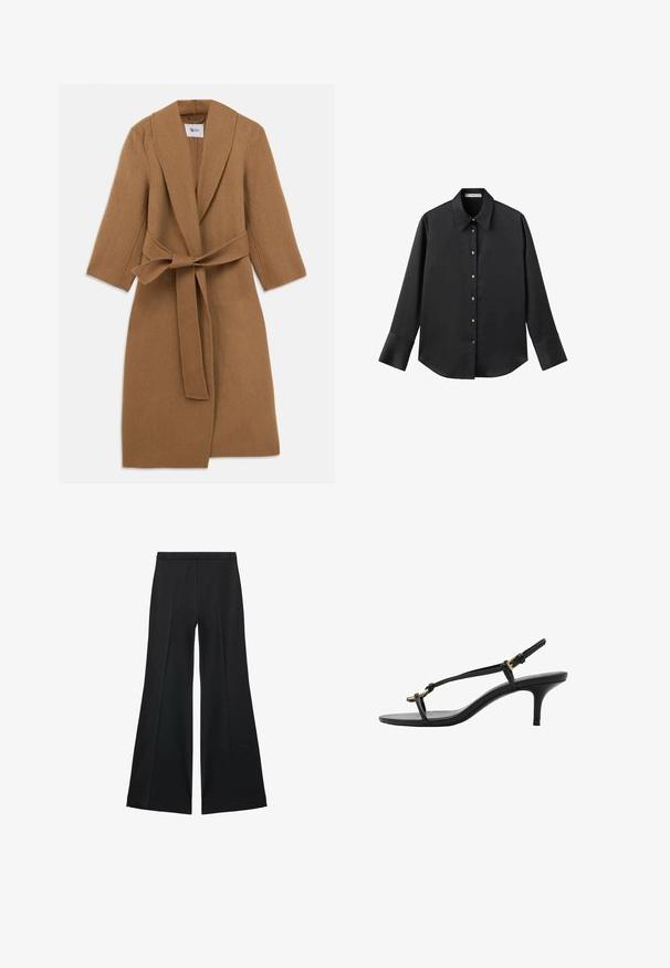 Tan ullrock med sjalkrage, långa ärmar och knytbälte vid midjan. Minimalistisk design, texturerad tyg och knälång längd.; Svart långärmad skjorta i mjukt tyg, med klassisk krage, framknäppning med knappar i guldton och breda manschetter.; Svarta vida byxor med en slät textur, med framfickor och skräddarsydd design. Tyget är lätt och flödande.; Svart lädersandal med kitten heel, tunna remmar, guldspänne och minimalistisk tåloop på en vit bakgrund.
