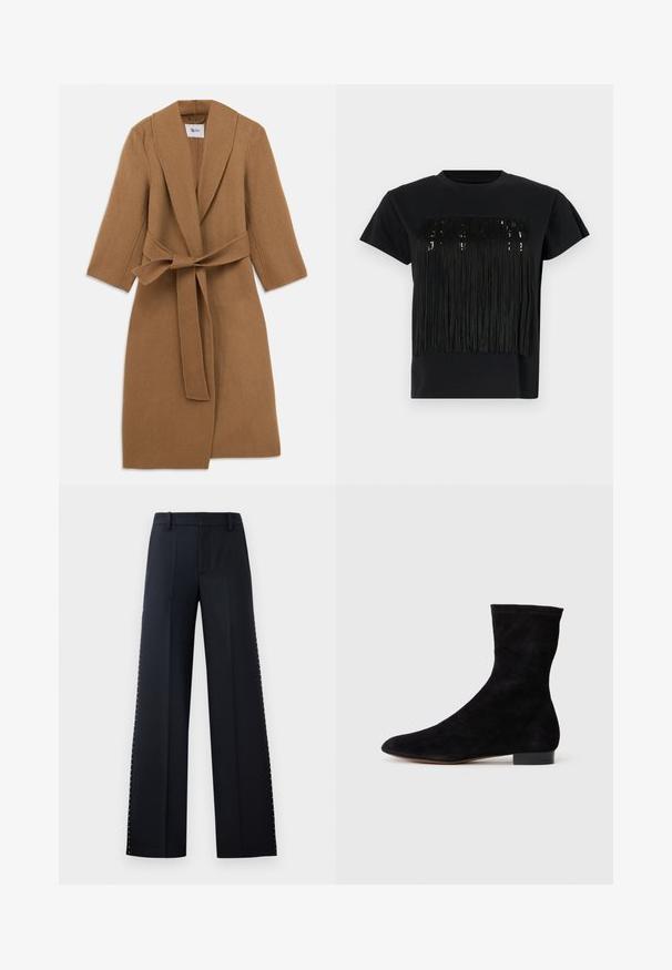Tan uldfrakke med sjalskrave, lange ærmer og et bundet bælte i taljen. Minimalistisk design, struktureret stof og knælængde.; Sort t-shirt med korte ærmer, der har et frynsedesign over brystet. Frynsen er lavet af struktureret materiale, der tilføjer dybde.; Bredde-bukke i sort. Skræddersyet pasform med en glat tekstur. Har en række metalnitter langs sidesømmene for detaljer.; Sorte suedestøvler til anklerne med en tætsiddende skaft, spids tå og lav blokhæl. Glat tekstur og minimalistisk design, velegnet til alsidig styling.