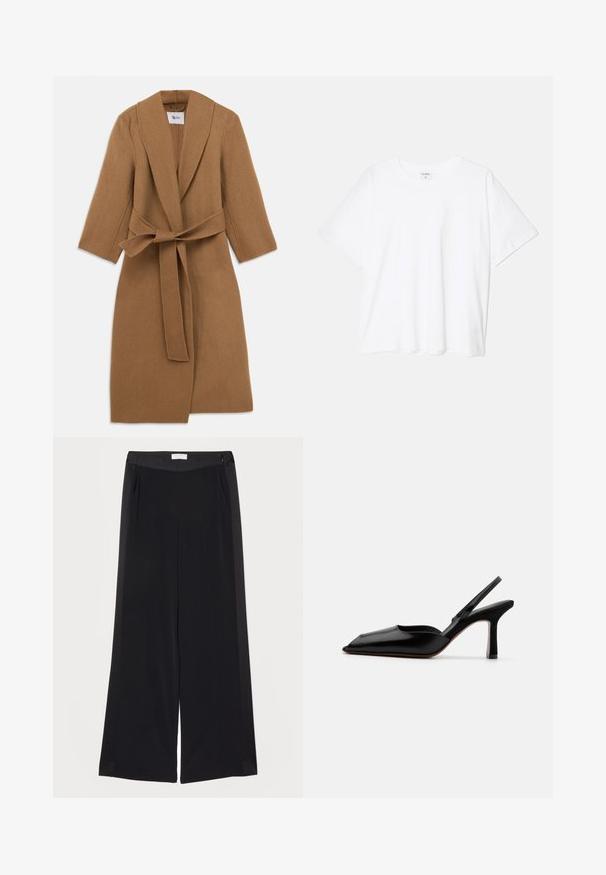 Barna gyapjúkabát, sallanggallérral, hosszú ujjakkal és derékon megkötött övvel. Minimalista dizájn, texturált szövet és térd középig érő fazon.; Fehér pamut póló rövid ujjal, kerek nyakkivágással, laza fazonnal és varrott szegéllyel. Címke látható a belső nyakrészén.; Széles lábú fekete nadrág sima anyagból, lapos derékkal, redőkkel és oldalsó zsebekkel. Tiszta vonalak minimális díszítéssel.; Fekete bőr szandál sarkú cipő hegyes orral, minimalist designnal, vékony bokapánttal és karcsú tűsarkúval. Sima textúra.