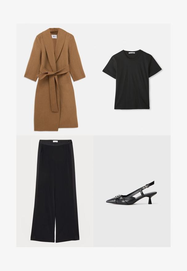 Smėlio spalvos vilnonių paltas su šalikine apykakle, ilgomis rankovėmis ir surišamu diržu juosmenyje. Minimalistinis dizainas, tekstūruota medžiaga ir iki kelių ilgio.; Juodas trumpomis rankovėmis, apvaliu kaklu, pagamintas iš medvilnės marškinėliai, išskleisti ant balto fono, su matomu prekės ženklu apykaklėje.; Platus juodos kelnes, pagamintas iš lygaus audinio, su plokščiu juosmeniu, klostėmis ir šoninėmis kišenėmis. Švarios linijos su minimaliais detalėmis.; Juodas odinis slingback tipo batai su smailiu priekiniu atvartu, dekoratyvinėmis sagtimis su metaliniais akyčiais ir žemu blokiniu kulnu. Saldus paviršius.