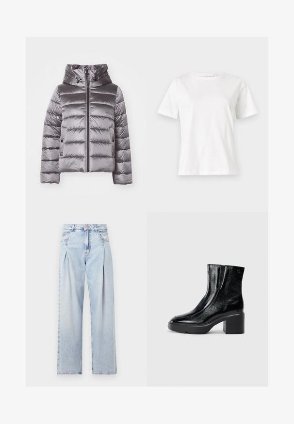 Grey puffer jacket with a hood, featuring a quilted design, front zipper, and drawstring accents. Made from a glossy, smooth material.; White cotton t-shirt with short sleeves, round neckline, and a relaxed fit. Smooth texture, no patterns or accents, minimalistic design.; Light blue denim jeans with a high waist, wide-leg cut, two side pockets, and pleated design feature. Soft texture with a faded finish.; Black patent leather ankle boots with a curved toe, elastic side panels, and a chunky block heel. Features embossed logo on the back.