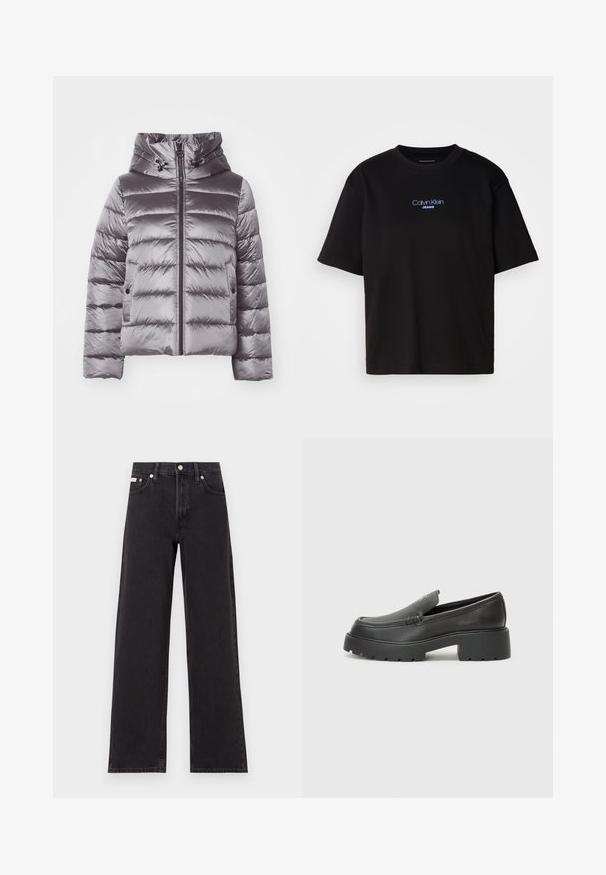 Jachetă puffer gri cu glugă, având un design matlasat, fermoar frontal și accente cu șnur. Fabricată dintr-un material lucios și neted.; Tricou din bumbac negru cu guler rotund, mâneci scurte și logo-ul brodat în albastru "Calvin Klein JEANS" pe față.; Jeanși negri cu picioare largi, fabricați din denim, cu talie înaltă, stil cu cinci buzunare și închidere cu nasture metalic, cu cusături contrastante.; Mocasini din piele neagră, cu vârf rotunjit, talpă groasă texturată și detalii minimale de cusătură. Design elegant, fără șireturi sau accesorii vizibile.