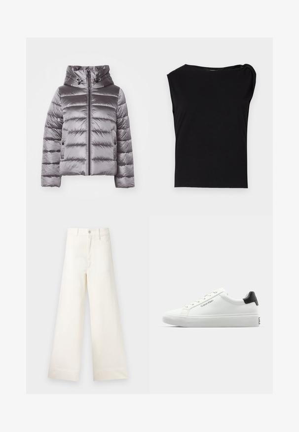 Graue Daunenjacke mit Kapuze, mit einem gesteppten Design, Frontreißverschluss und verstellbaren Akzenten. Hergestellt aus einem glänzenden, glatten Material.; Schwarzes kurzärmliges Oberteil aus glattem Stoff. Mit rundem Kragen und drapiertem Detail an der Schulter. Einfaches, figurbetontes Design.; Weite Hosen aus hellem beigen Baumwollstoff. Mit hoher Taille, vorderen Taschen und geradem Schnitt. Saubere Saumverarbeitung ohne Muster.; Weißer Sneaker mit glatter Oberfläche, schwarzem Absatz und Schnürdesign. Mit "Calvin Klein"-Branding an der Seite. Minimalistischer Stil.