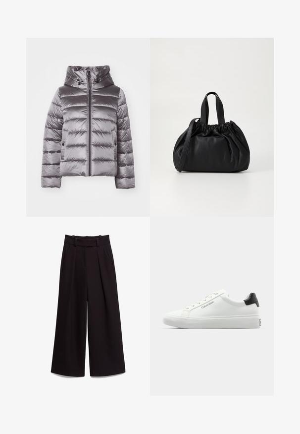 Szürke puffertakó kapucnival, steppelt mintázattal, elülső cipzárral és húzózsinóros díszítéssel. Csillogó, sima anyagból készült.; Fekete, rövid ujjú póló, puha pamutból készült, kerek nyakkivágással, laza szabással és sima textúrával. Nincs látható minta vagy grafikák.; Fekete, bő szárú nadrág sima anyagból, magas derekkal, övhurkokkal és két elülső zsebbel. A plisszírozott kialakítás textúrát ad.; Fehér sneaker sima felülettel, fekete sarok akcentussal és fűzős dizájnnal. Oldalán "Calvin Klein" márkázás található. Minimalista stílus.; Fekete bőr kézitáska, összegyűrt felső dizájnnal, két rövid fülekkel és egy hosszú, állítható pánttal. Simább textúra, lekerekített forma.