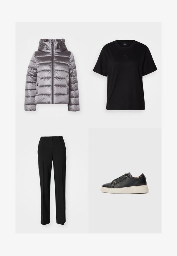 Graue Daunenjacke mit Kapuze, mit einem gesteppten Design, Frontreißverschluss und verstellbaren Akzenten. Hergestellt aus einem glänzenden, glatten Material.; Schwarzes Baumwoll-T-Shirt mit Rundhalsausschnitt, kurzen Ärmeln und aufgesticktem Logo auf der Brust. Einfacher, lässiger Schnitt ohne Muster.; Schwarze, taillierte Hose mit geradem Bein, aus einem glatten Stoff und mit klaren Falten an der Vorderseite. Keine sichtbare Hardware.; Schwarze, niedrig geschnittene Ledersneaker mit dicker weißer Sohle, Schnürdesign und minimalen Nahtdetails auf einem schlichten hellen Hintergrund.