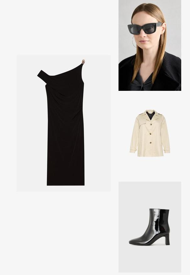 Manteau beige avec un design structuré, featuring un large col, de gros boutons frontaux et des poignets. Il a des poches latérales et une texture lisse.; Robe noire asymétrique faite de tissu drapé, dotée d'un accent doré sur l'épaule, d'une texture lisse et d'un design mi-cuisse.; Bottines en cuir verni noir avec un bout pointu et un talon block de hauteur moyenne. Texture lisse et design minimaliste.; Des lunettes de soleil en forme de chat noir avec des verres foncés, des montures épaisses et des accents subtils. Portées avec un manteau noir et un haut gris, avec des cheveux longs et raides.