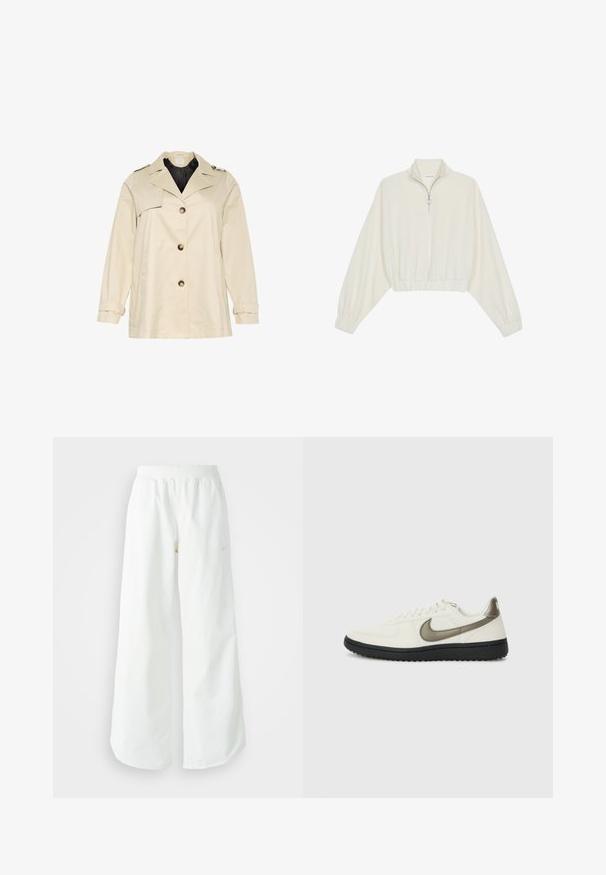 Beige Trenchcoat mit strukturiertem Design, ausgestattet mit einem breiten Kragen, großen vorderen Knöpfen und Manschetten. Er hat Seitentaschen und eine glatte Textur.; Gerippter Pullover aus cremefarbener Baumwolle mit hohem Kragen, halbem Reißverschluss, elastischen Säumen und Bündchen, glatter Textur und minimalistischem Design.; Weiße, weit geschnittene Sporthose mit einem gerippten Bund und dezentem Logo-Detail. Glattes Material mit lockerer Passform und schmal zulaufendem Saum.; Nike Sportswear FIELD GENERAL - Sneaker low - off-white/black
