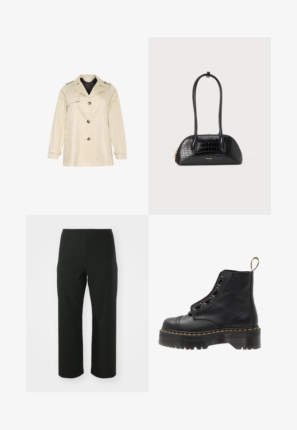 Beige Trenchcoat mit strukturiertem Design, ausgestattet mit einem breiten Kragen, großen vorderen Knöpfen und Manschetten. Er hat Seitentaschen und eine glatte Textur.; Schwarzes Oberteil mit langen Spitzenärmeln, bestehend aus einem einfarbigen schwarzen Körper und floralen Spitzendetails. Runder Ausschnitt mit glatter Textur.; Vero Moda Curve VMCAUGUSTA PANT - Stoffhose - black; Schwarze Leder-Ankle-Boots mit strukturierten Oberflächen, runder Zehenpartie, Schnürdesign, gelben Nähten und einer dicken, gerippten schwarzen Plateausohle.; Schwarze Handtasche mit Krokodil-Optik, glatter Textur, runder Form und zwei schlanken Tragegriffen. Goldenes Logo-Detail in der Nähe des Bodens.; Silberne Creolen, runde Form, glatte Metalloberfläche, keine sichtbaren Verzierungen, leichtes Design, gleichmäßige Dicke.