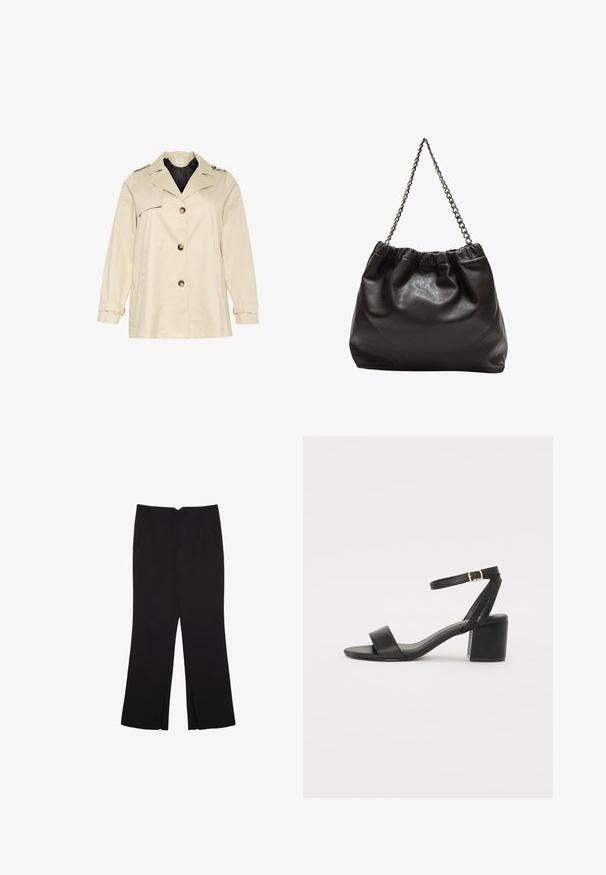 Beige Trenchcoat mit strukturiertem Design, ausgestattet mit einem breiten Kragen, großen vorderen Knöpfen und Manschetten. Er hat Seitentaschen und eine glatte Textur.; Schwarzes ärmelloses Crop-Top aus glattem Stoff, mit rundem Ausschnitt und einem klaren, schlichten Design ohne Muster oder Beschläge.; Schwarze Hose mit geradem Schnitt, ausgestattet mit Fronttaschen und Seitenschlitzen am Saum. Hergestellt aus weichem, glattem Stoff. Geeignet für verschiedene Anlässe.; Schwarze High Heels Sandalen mit einem glatten Lederoberteil, offener Zehenpartie, breiten Vorderstraps und verstellbarem Knöchelriemen mit einem goldenen Schnallen-Detail.; Braune Lederhandtasche mit gerafftem Oberteil und Kettenriemen. Glatte Textur mit glänzendem Finish und subtilen Nahtdetails an den Seiten.